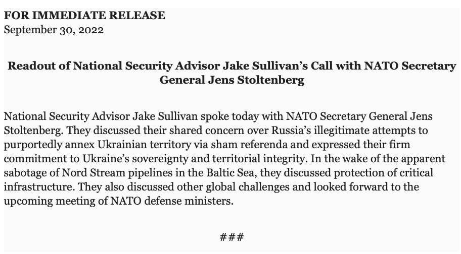 ABD Ulusal Güvenlik Danışmanı @JakeSullivan46 ve @NATO SecGen @jensstoltenberg arasında Ukrayna ile ilgili görüşme. Rusya'nın Ukrayna topraklarını sözde ilhak etmeye yönelik gayri meşru girişimleri konusundaki ortak endişelerini tartıştılar. Kritik altyapının korunması