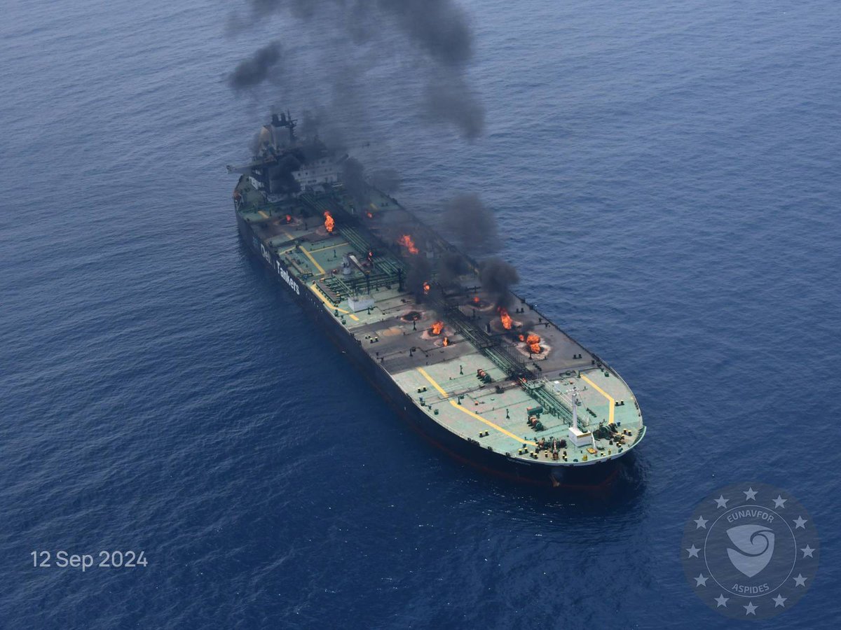 On 12 September, the MV SOUNION remains on fire after it was attacked in the Red Sea. The vessel is currently anchored, not drifting and there are no signs of an oil spill from the main cargo hold