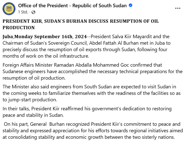 South Sudan Foreign Minister confirmed that Sufan engineers have accomplished the necessary technical preparations for the resumption of oil production. Engineers from South_Sudan are expected to visit Sudan in the coming weeks to familiarize themselves with the readiness of the facilities