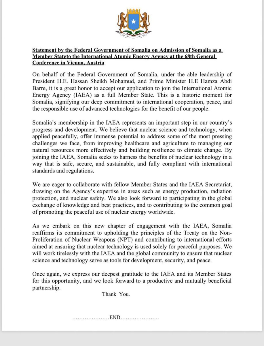 Declaración oficial de Somalia sobre su adhesión al OIEA