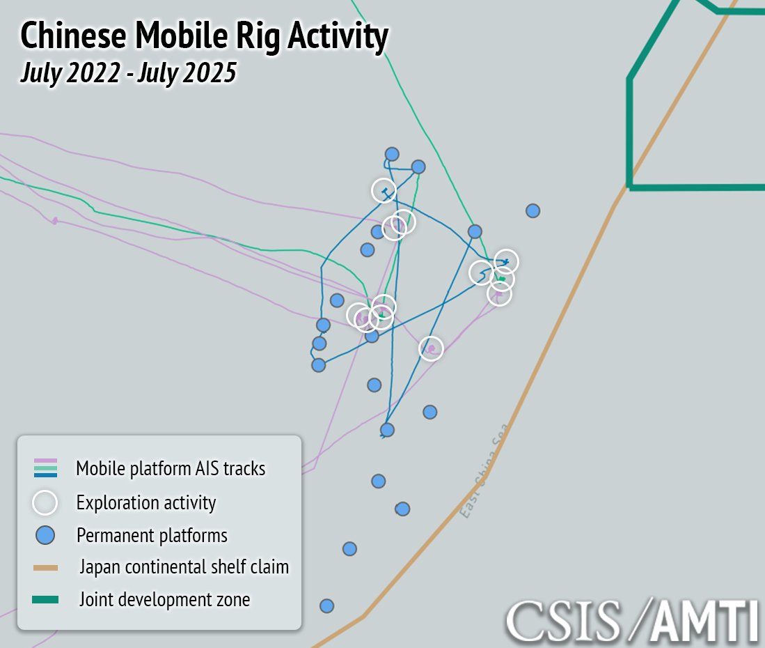 Satellite imagery and AIS data show that at least three Chinese mobile drilling rigs have been active in the East China Sea near the median line with Japan, where Tokyo has protested Beijing’s oil and gas development