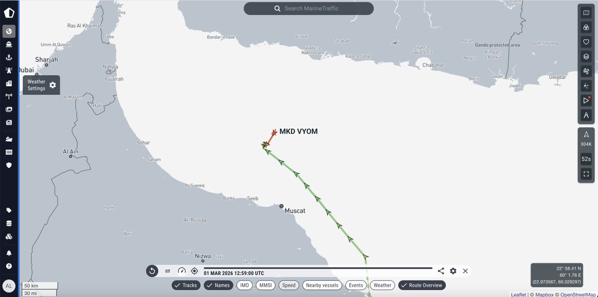 Tanker reportedly struck off Oman, raising spill concernsnnThe Marshall Islands-flagged tanker MKD Vyom was reportedly struck by a projectile while sailing off the coast of Oman, according to maritime security sources. The incident is said to have occurred approximately 44.4 nautical miles northwest of Muscat, raising concerns over navigational safety and potential environmental impact in the area. According to MarineTraffic data, the 272-metre tanker is currently laden and was operating in waters off northern Oman at the time of the incident