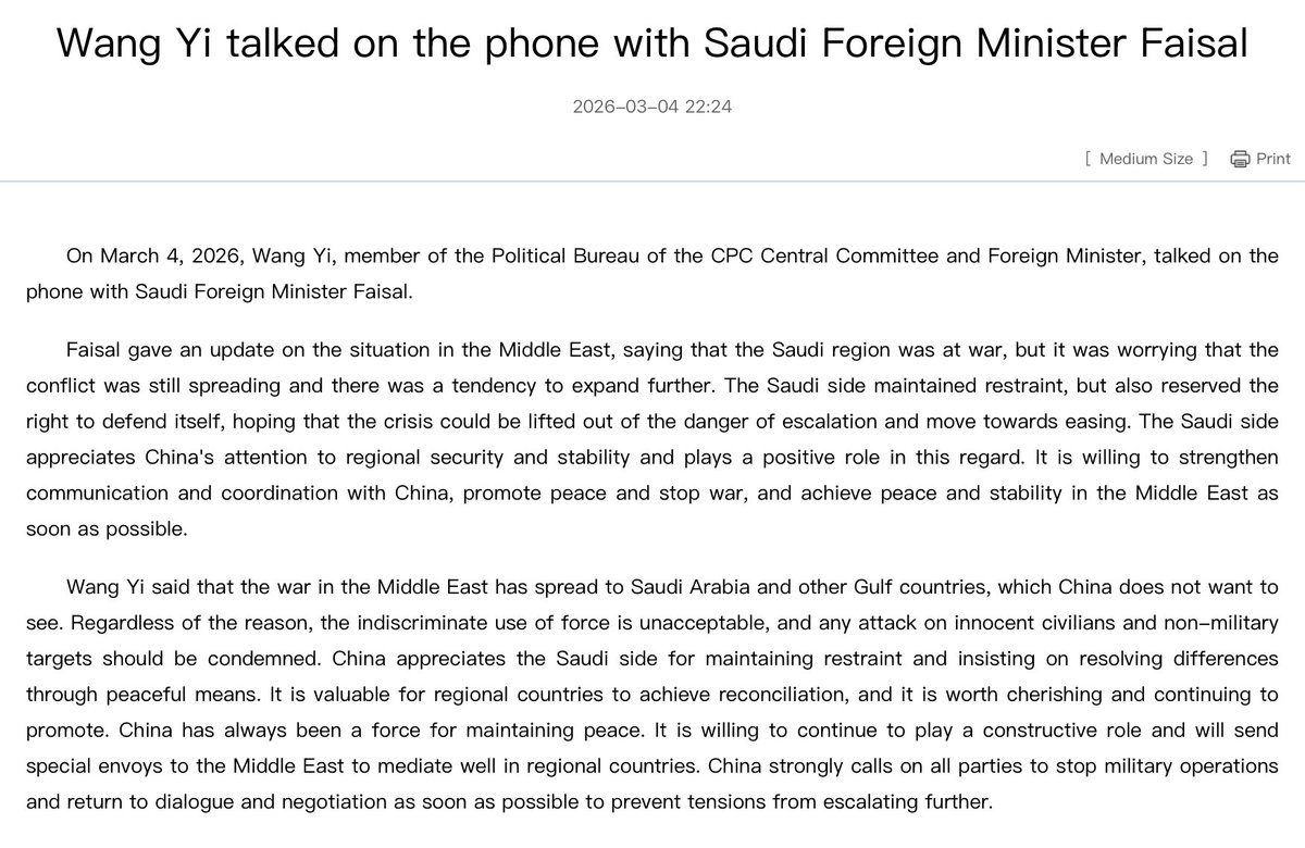 Chinese Foreign Minister Wang Yi held a phone conversation with Saudi Foreign Minister Faisal bin Farhan Al Saud, and committed to send Chinese envoys to the Middle East in an attempt to mediate some sort of peace process between nations that are involved in the conflict with Iran
