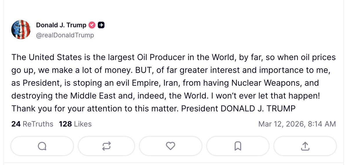 Trump: The United States is the largest Oil Producer in the World, by far, so when oil prices go up, we make a lot of money.