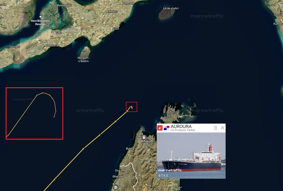 An oil products tanker attempting to transit the Strait of Hormuz has made an 180 degree turn and is headed back towards the Persian Gulf. AIS from @MarineTraffic