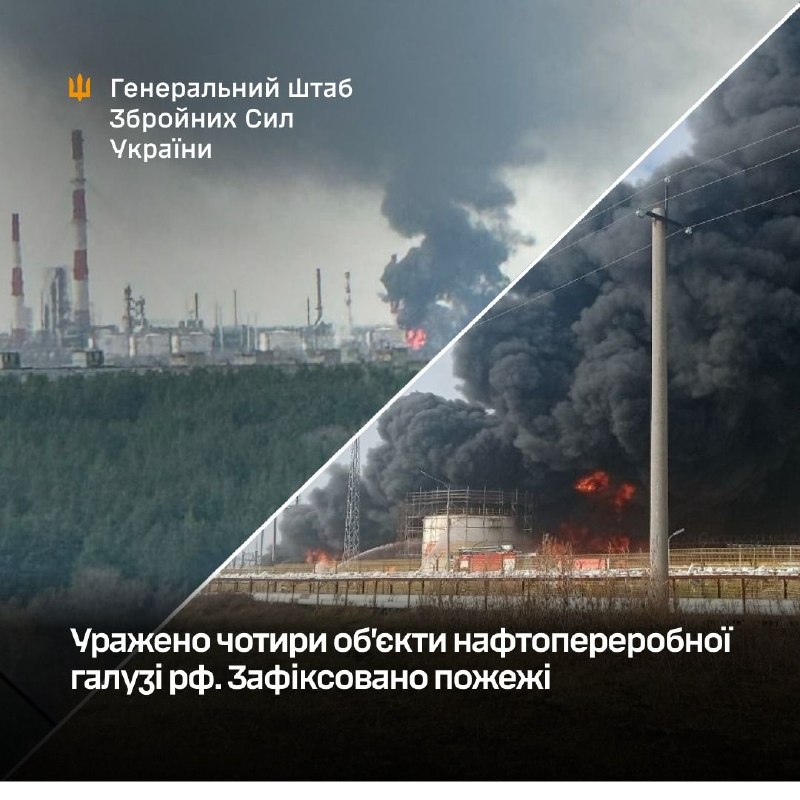 Ukraine’s General Staff reports strikes on four Russian oil-sector sites. Fires are burning at the Novokuibyshevsk and Syzran refineries in Samara region, the RPK Vysotsk “Lukoil-2” oil terminal in Leningrad region, and the Tikhoretsk pumping station in Krasnodar region