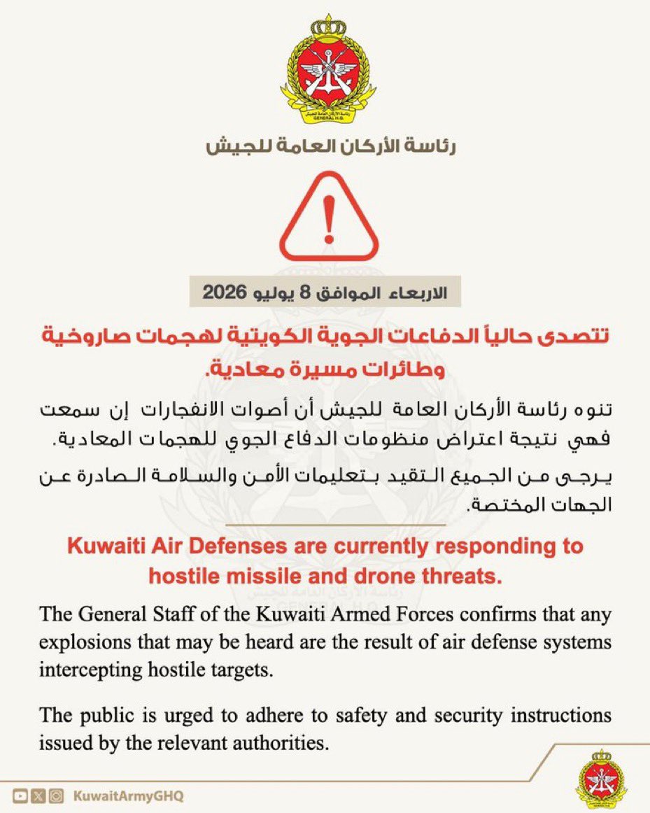 According to a release from the Kuwaiti Army, Kuwait is now under attack from Iranian drones and missiles, as Kuwaiti air defenses work to mitigate the threat.