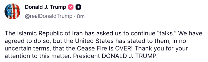 Trump says that while talks with Iran continue, the ceasefire is OVER