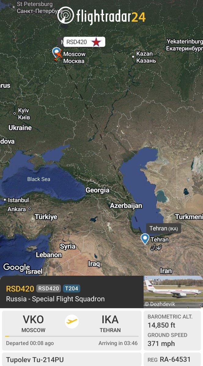 Russia Special Flight Squadron Tu-214PU Airborne Command Post RA-64531 14FC13 as RSD420 en route from Moscow (VKO) to Tehran. Callsign associated with Energy Minister Sergey Tsivilyov