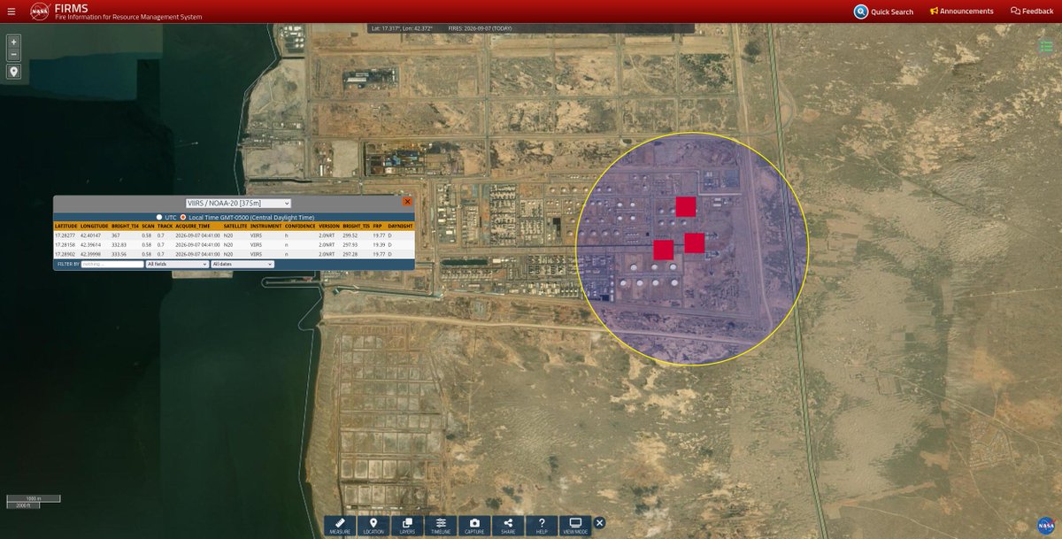 Consistent with reports that Saudi Aramco's Jizan refinery was targeted in a strike earlier today, NASA's Fire Information for Resource Management System (FIRMS) detected three thermal anomalies in the facility's storage and distribution area. The three heat signatures were detected at approximately 4:40 a.m. UTC. FIRMS detects thermal anomalies from satellite observations, but the data does not by itself establish what caused them.