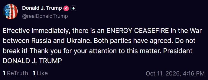 Trump announces an immediate energy ceasefire between Russia and Ukraine, saying both sides have agreed to the arrangement